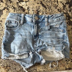 Blue Distressed Jean Shorts with Raw-Edge Hem